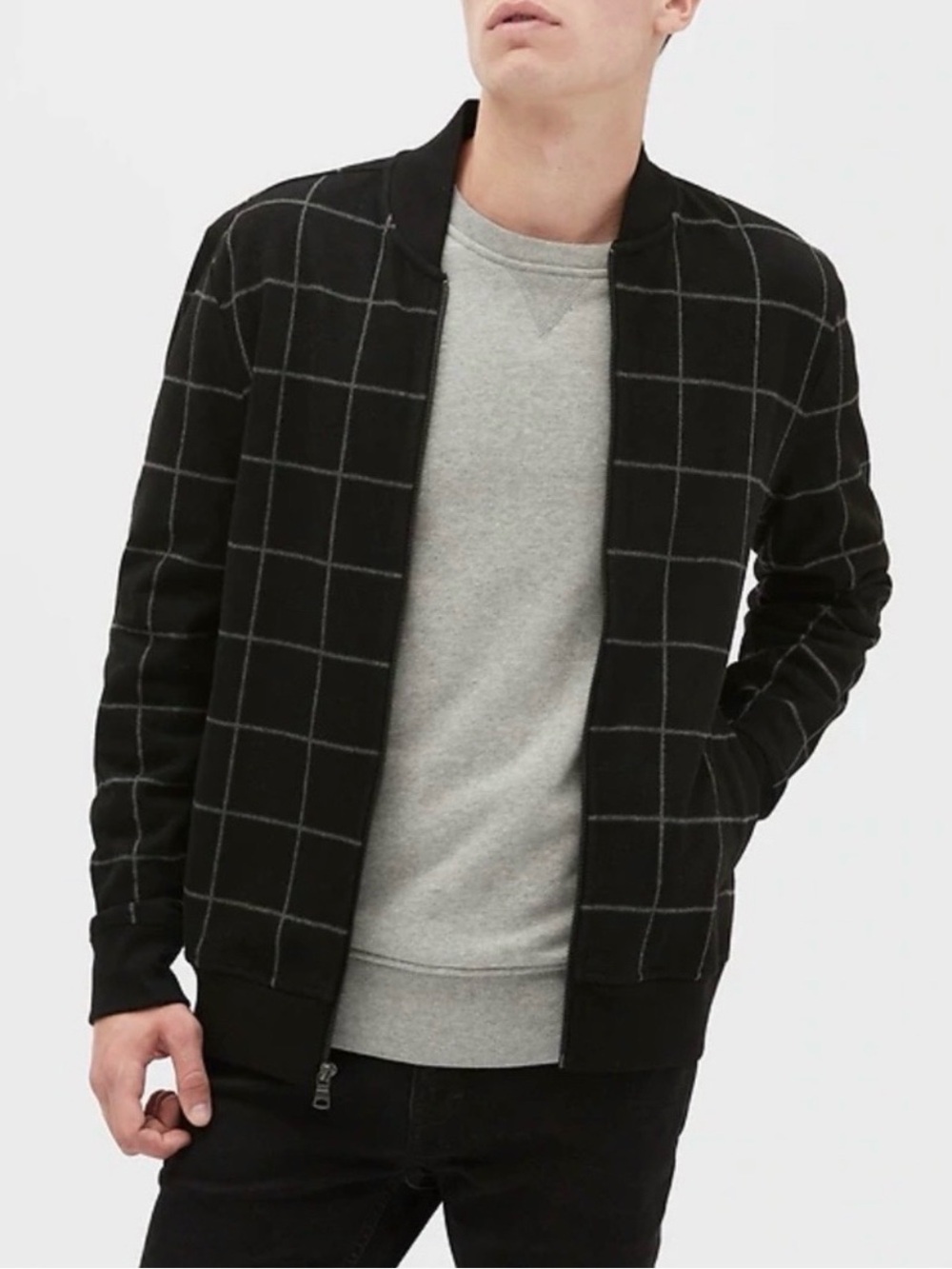 NWT $90 Banana Republic Windowpane Plaid Full-Zip Bomber Jacket Black Large